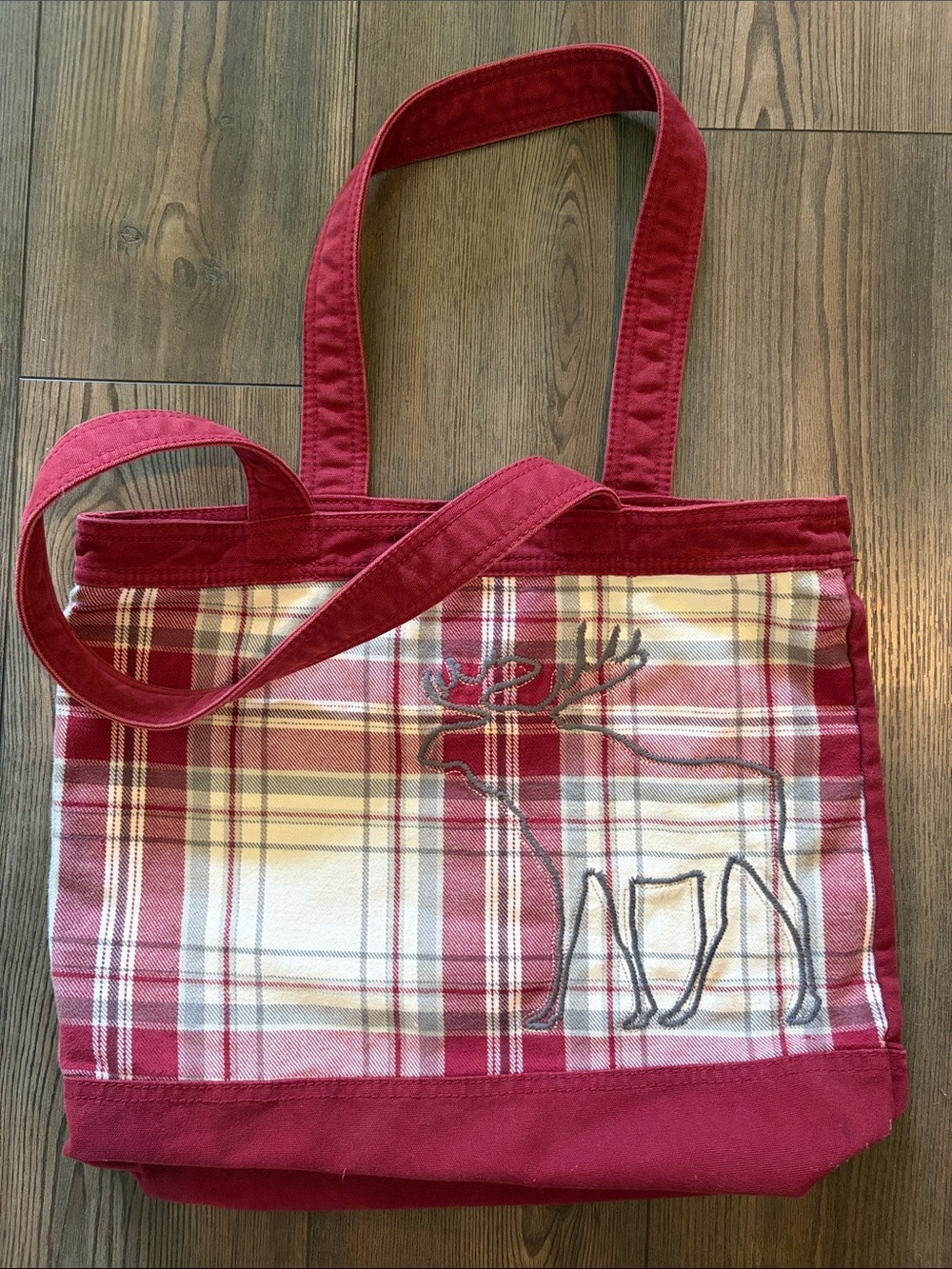 Y2K vintage Abercrombie & Fitch Red Plaid Tote with Reindeer Outline